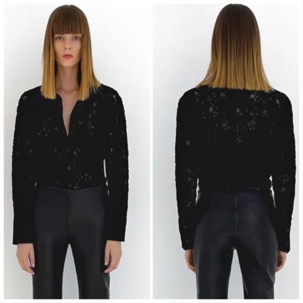 ZARA WOMENS BLACK CROCHET FLORAL EMBROIDERED LACE LONG SLEEVE BUTTON UP TOP SZ M